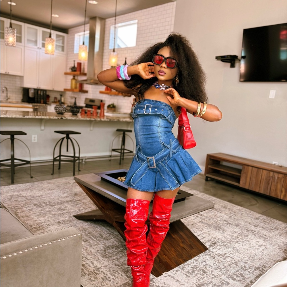 SHEIN Blue Denim Strapless Belted Mini Dress with Red Accessories